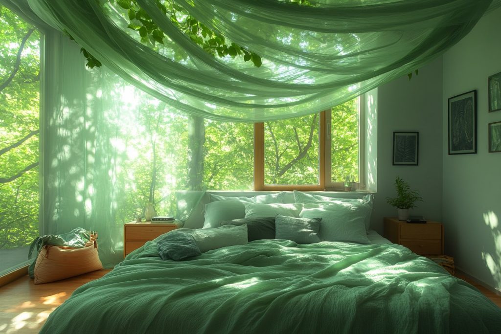 Le ciel de lit vert : la tendance nature qui illumine votre chambre